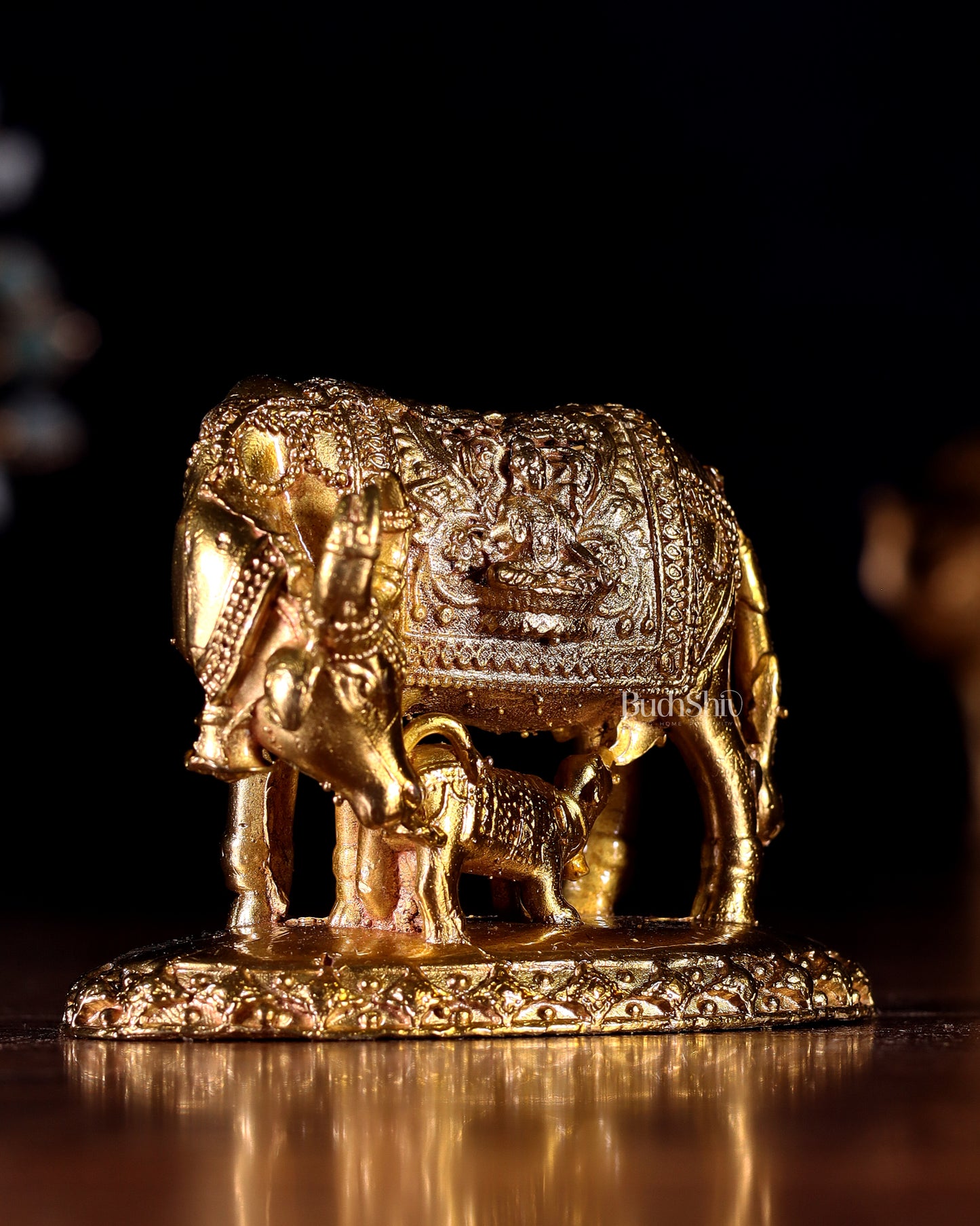 Panchaloha Bronze Kamadhenu Cow with Calf Idol | Mini 3 inch