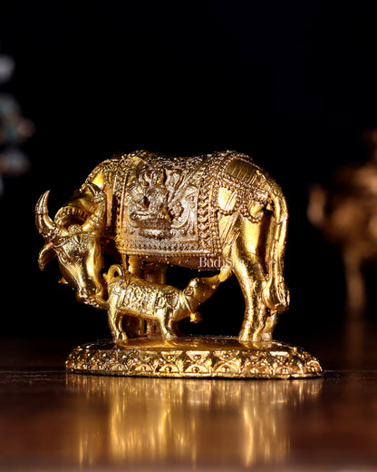 Panchaloha Bronze Kamadhenu Cow with Calf Idol | Mini 3 inch