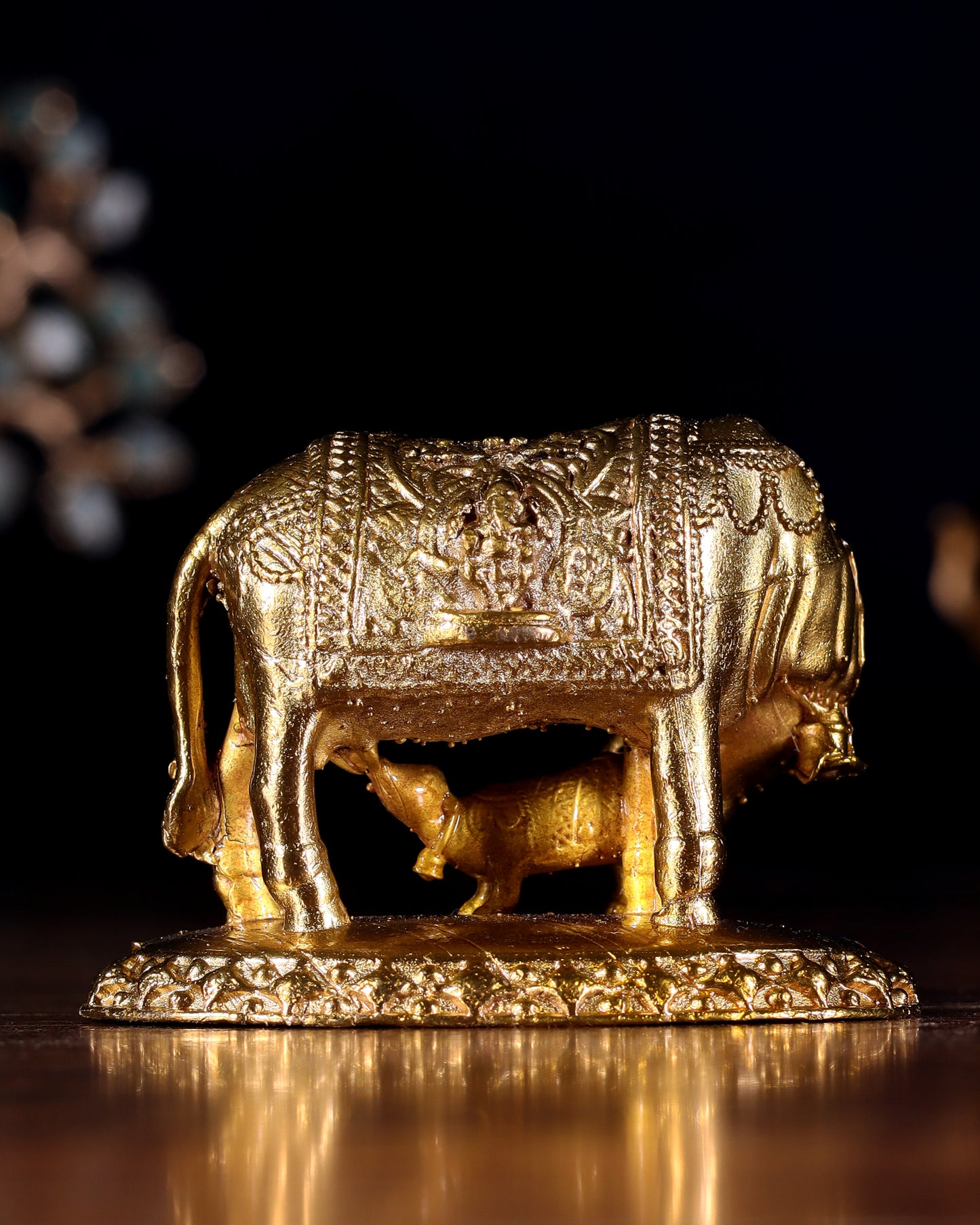 Panchaloha Bronze Kamadhenu Cow with Calf Idol | Mini 3 inch