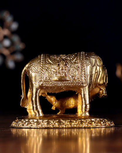 Panchaloha Bronze Kamadhenu Cow with Calf Idol | Mini 3 inch