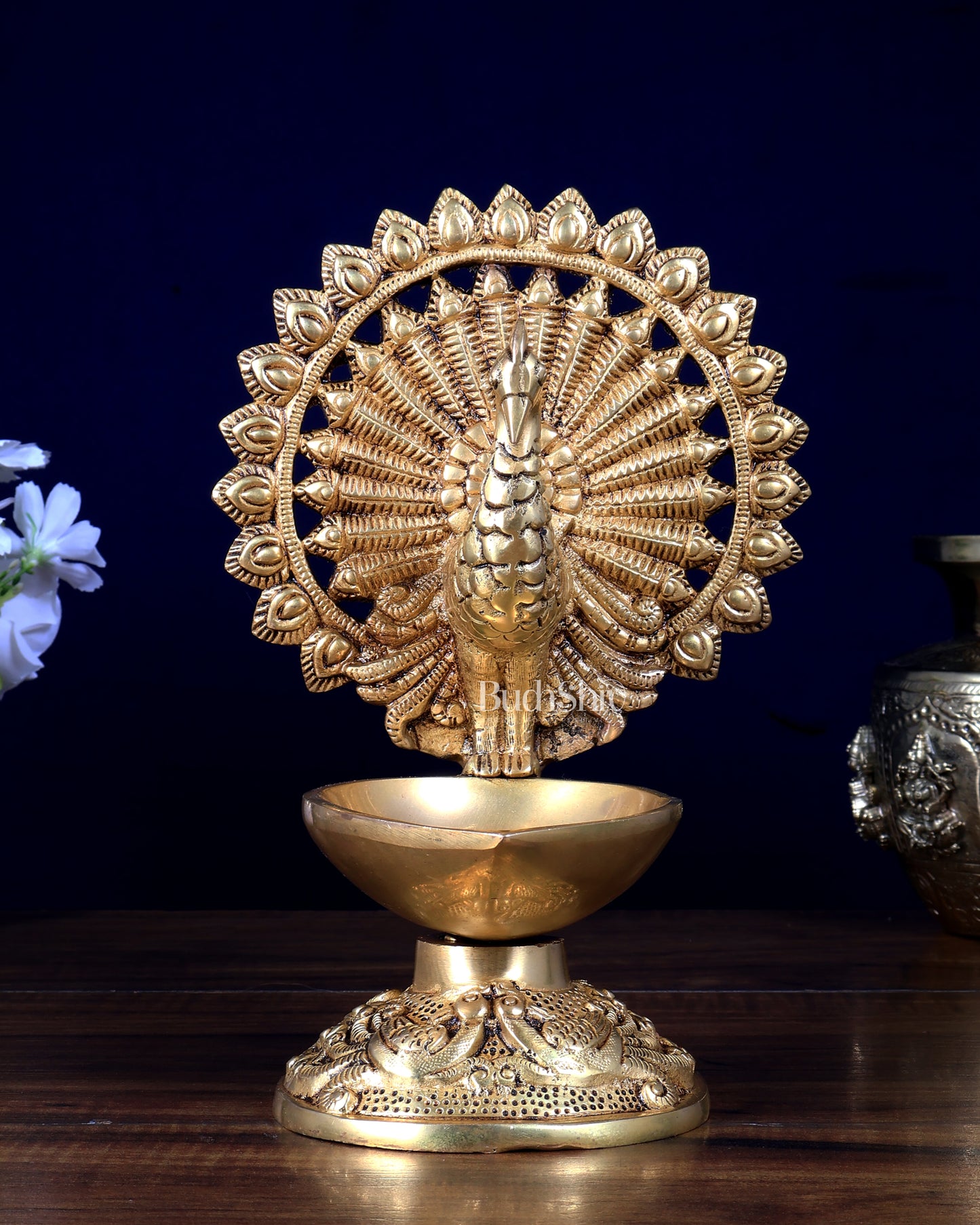 Brass Peacock Lamp Diya | Traditional Brass Deepam 9 inch