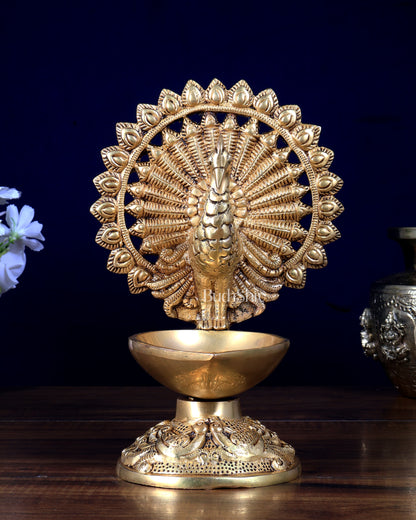 Brass Peacock Lamp Diya | Traditional Brass Deepam 9 inch