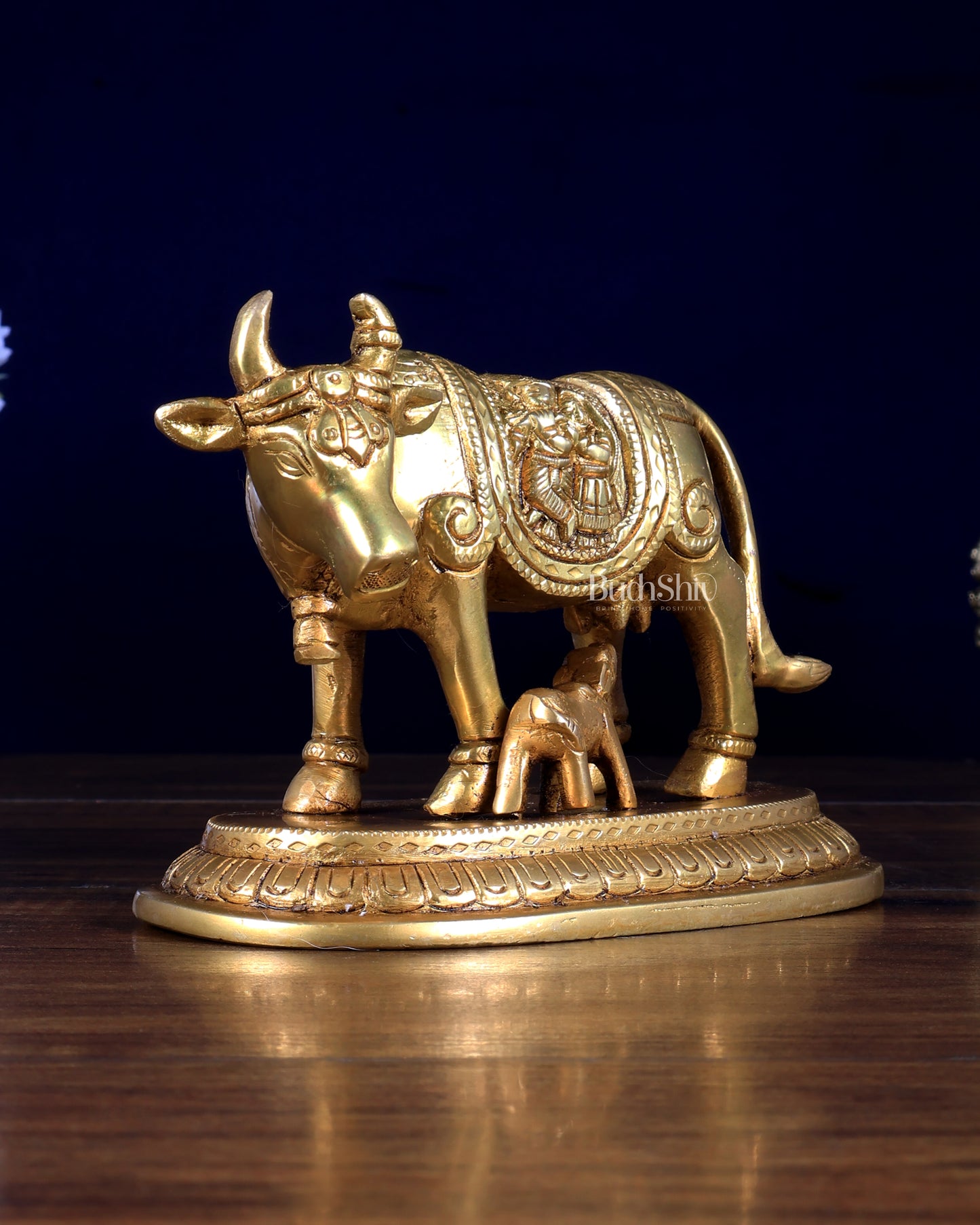 Pure Brass Kamdhenu Cow with Radha Krishna Carving 6 inch