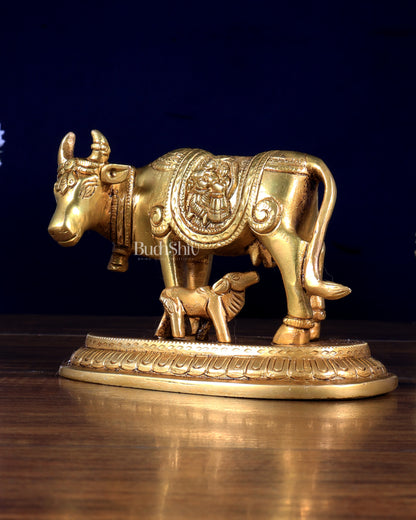 Pure Brass Kamdhenu Cow with Radha Krishna Carving 6 inch