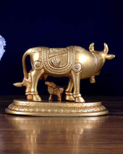 Pure Brass Kamdhenu Cow with Radha Krishna Carving 6 inch