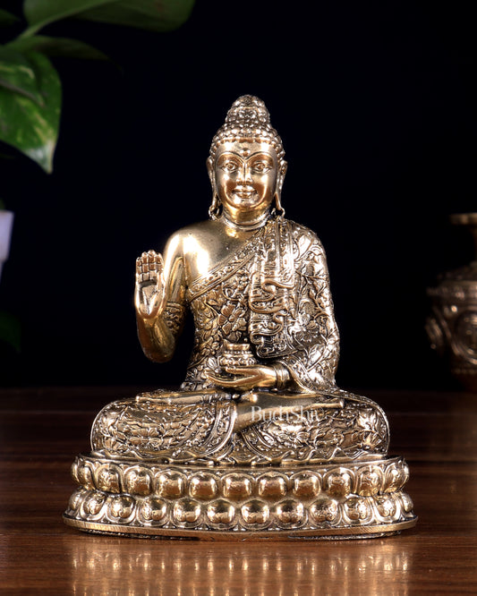 Brass Superfine Blessing Buddha Idol | Fully Carved 6 inch