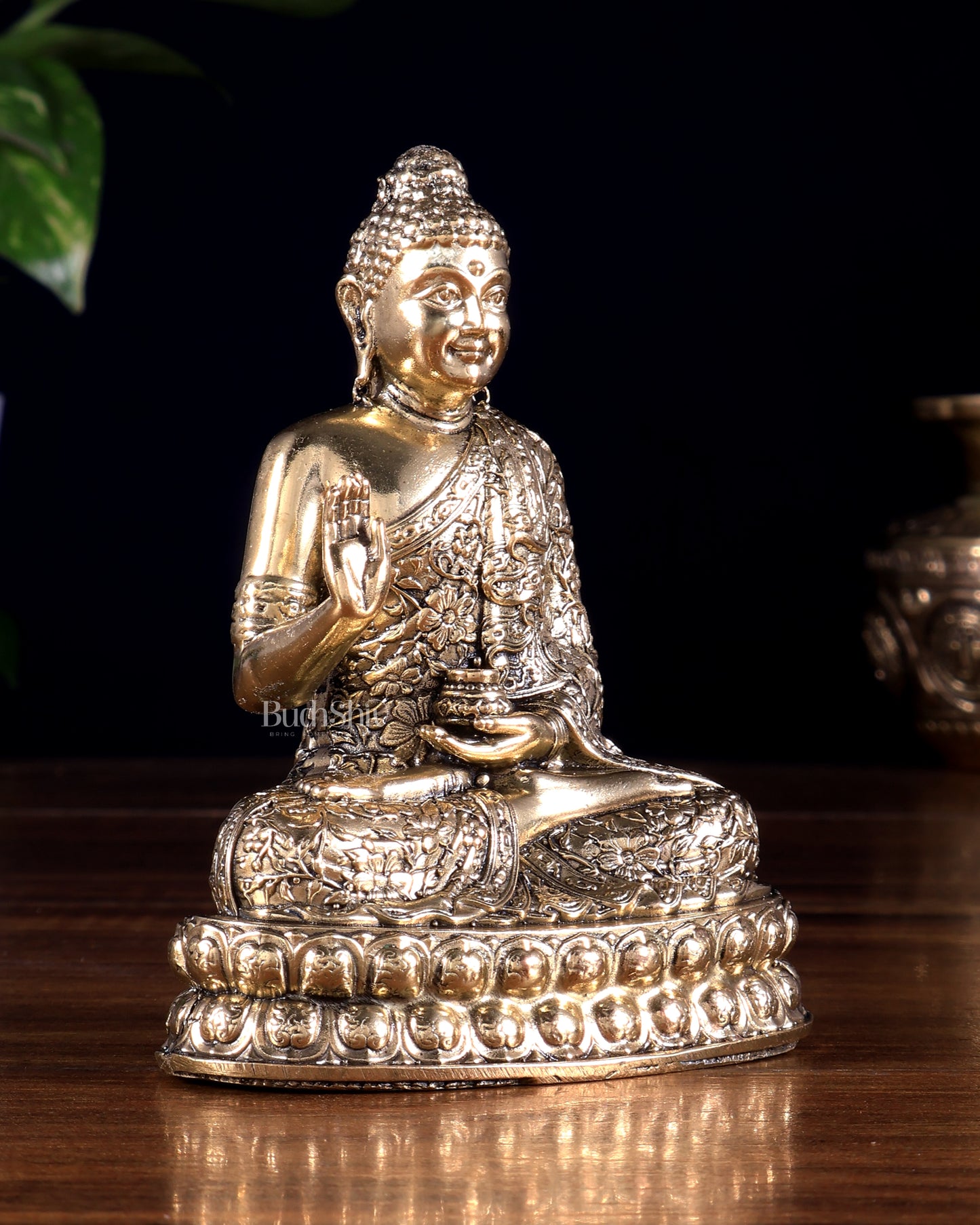 Brass Superfine Blessing Buddha Idol | Fully Carved 6 inch