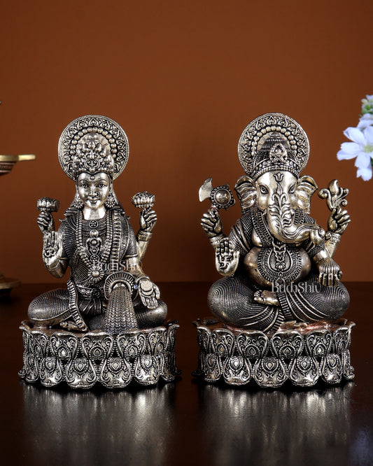 Brass Superfine Ganesha Lakshmi Idols on Lotus Base 5.25 inch