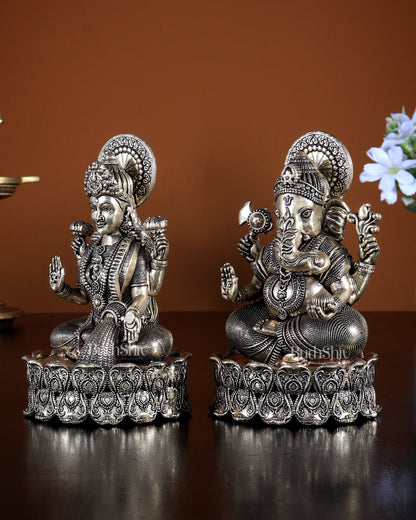 Brass Superfine Ganesha Lakshmi Idols on Lotus Base 5.25 inch