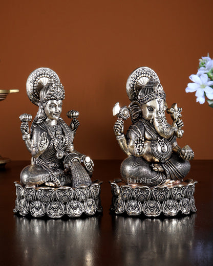 Brass Superfine Ganesha Lakshmi Idols on Lotus Base 5.25 inch