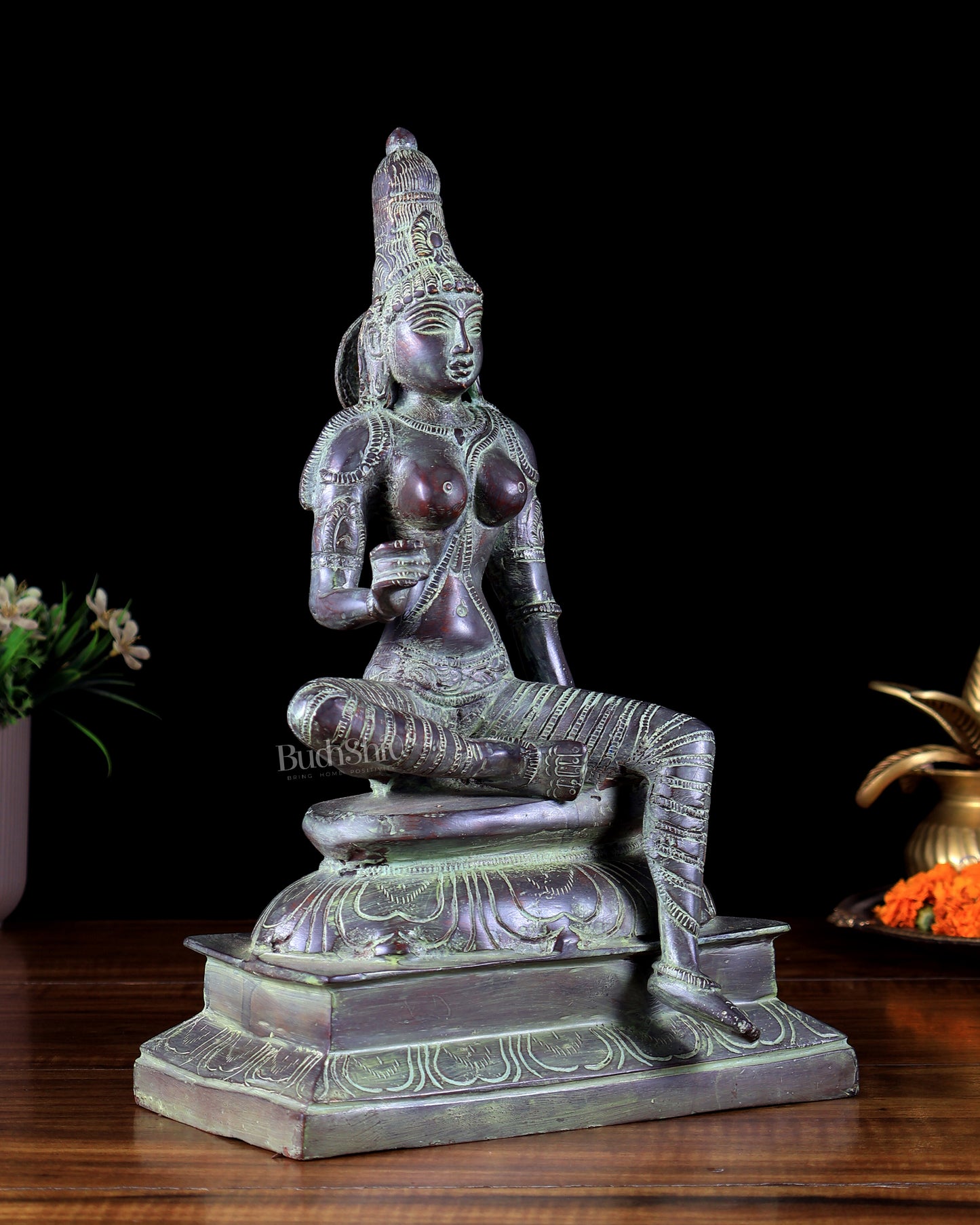 Brass Parvati Seated Idol | Vintage Patina Finish 12 inch