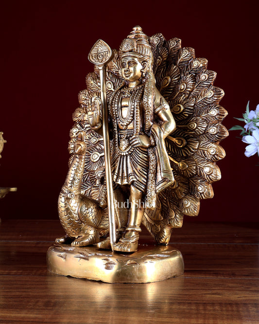 Pure Brass Murugan Swamy with Peacock Idol 9 inch