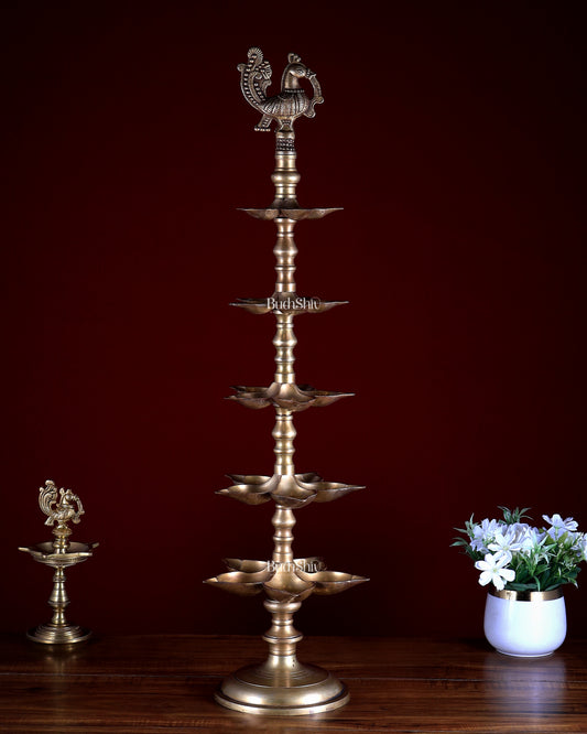 Brass Peacock Annam Pakshi Lamp Diya | Multi-Tier | Antique Gold | inauguration lamp 29 inch