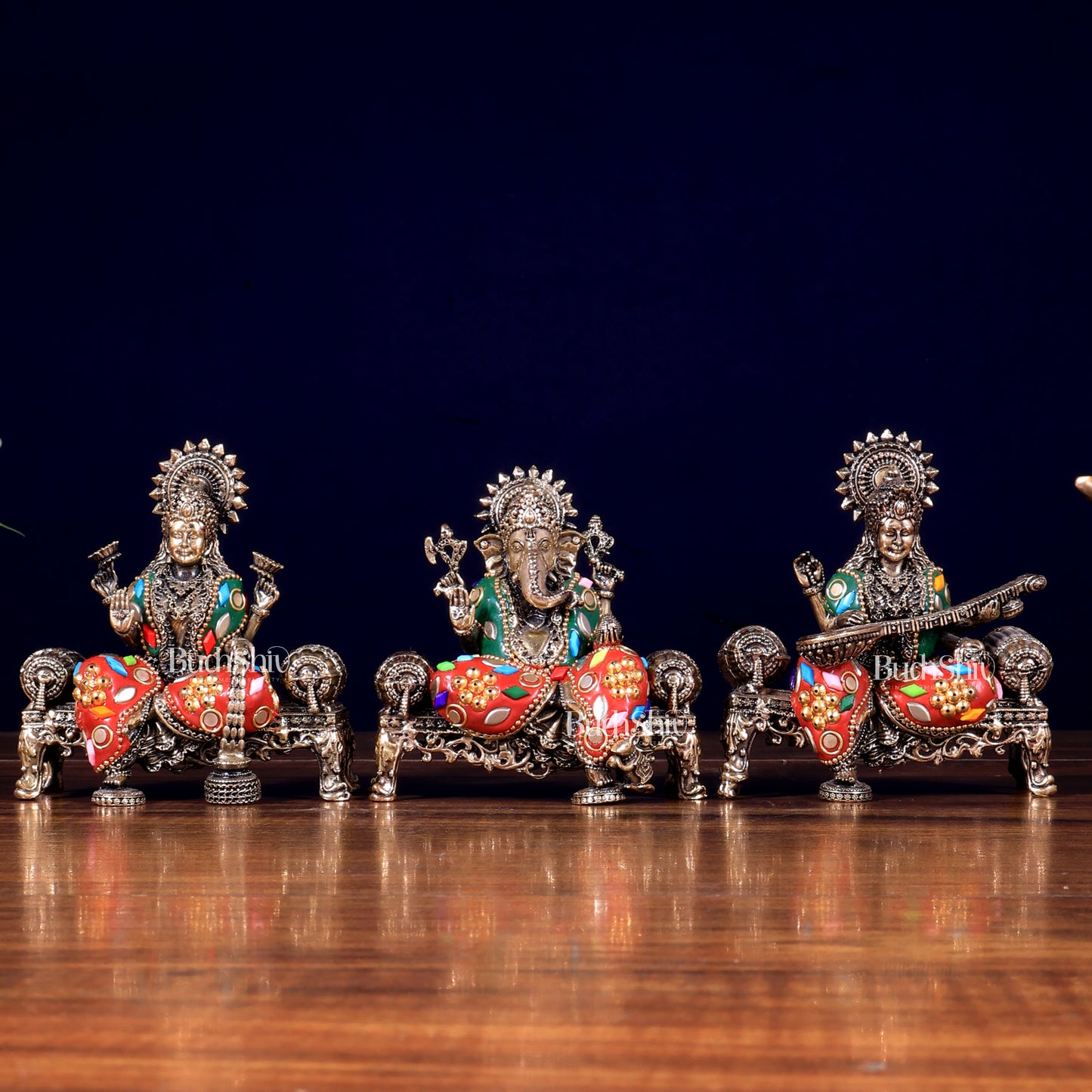 Brass Superfine Intricate Ganesha, Saraswati, Lakshmi with meenakari