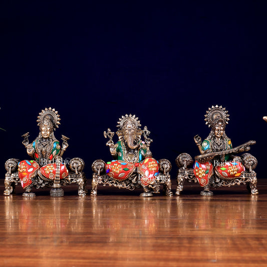 Brass Superfine Intricate Ganesha, Saraswati, Lakshmi with meenakari