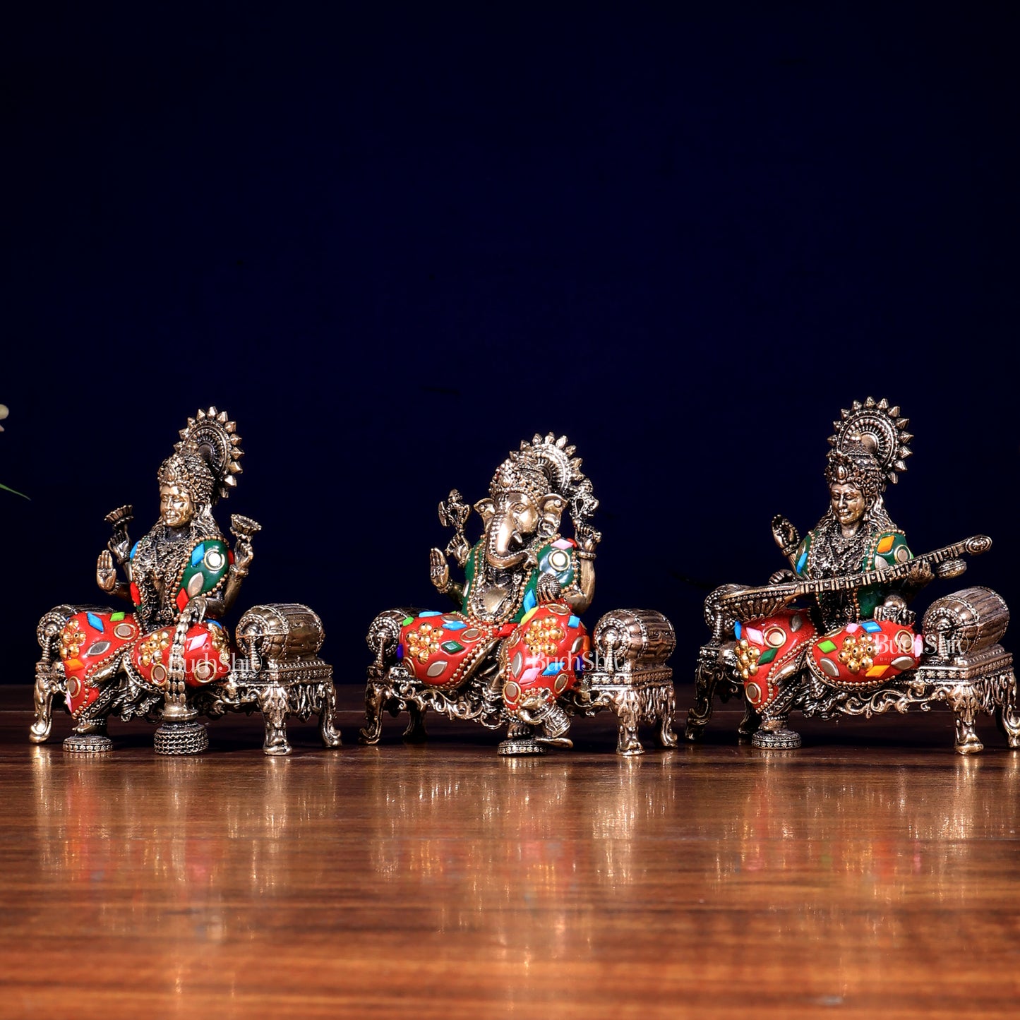 Brass Superfine Intricate Ganesha, Saraswati, Lakshmi with meenakari