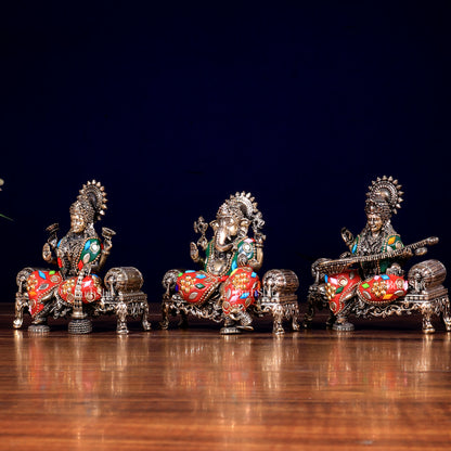 Brass Superfine Intricate Ganesha, Saraswati, Lakshmi with meenakari