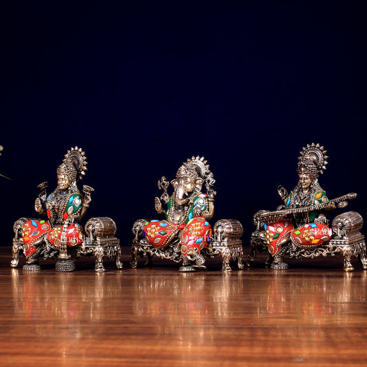 Brass Superfine Intricate Ganesha, Saraswati, Lakshmi with meenakari