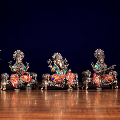 Brass Superfine Intricate Ganesha, Saraswati, Lakshmi with meenakari
