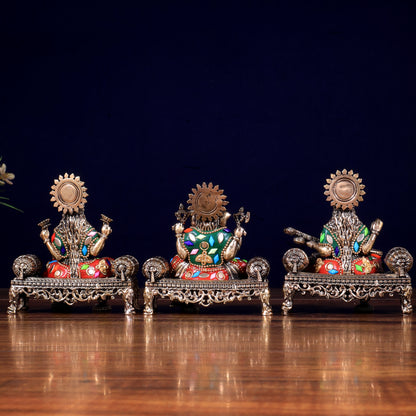 Brass Superfine Intricate Ganesha, Saraswati, Lakshmi with meenakari