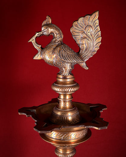 Vintage Brass Peacock Annam Pakshi Inauguration Oil Lamp (Samai / Diya) – Large & Rare 49 inch