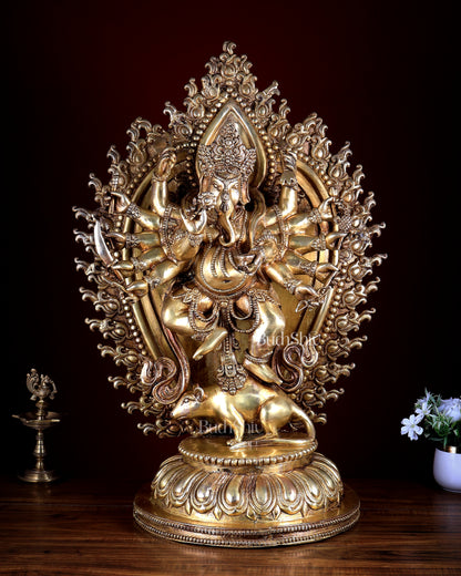 Large Brass Dancing Ganesha Statue with 12 Arms & Mouse