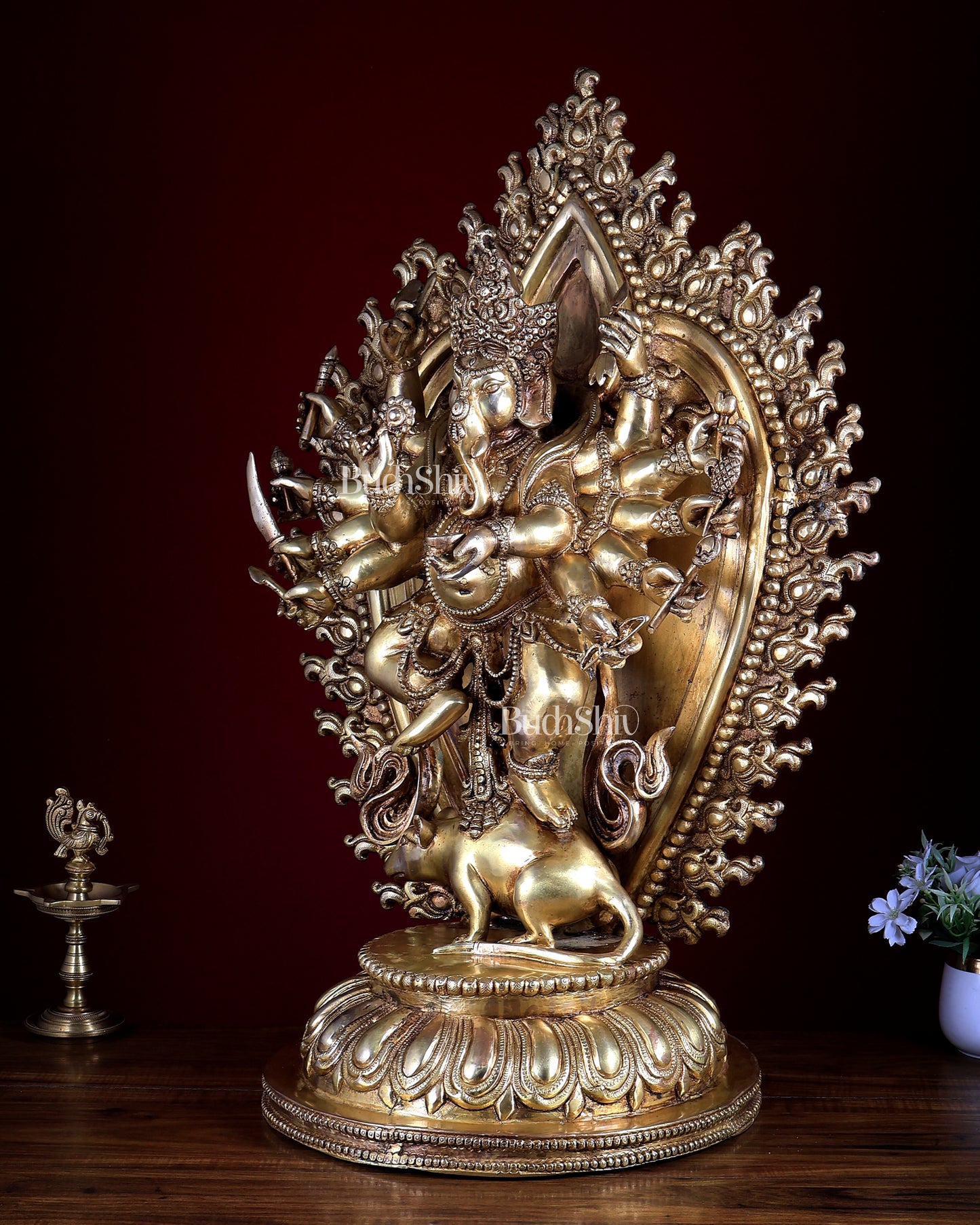 Large Brass Dancing Ganesha Statue with 12 Arms & Mouse