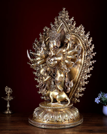 Large Brass Dancing Ganesha Statue with 12 Arms & Mouse