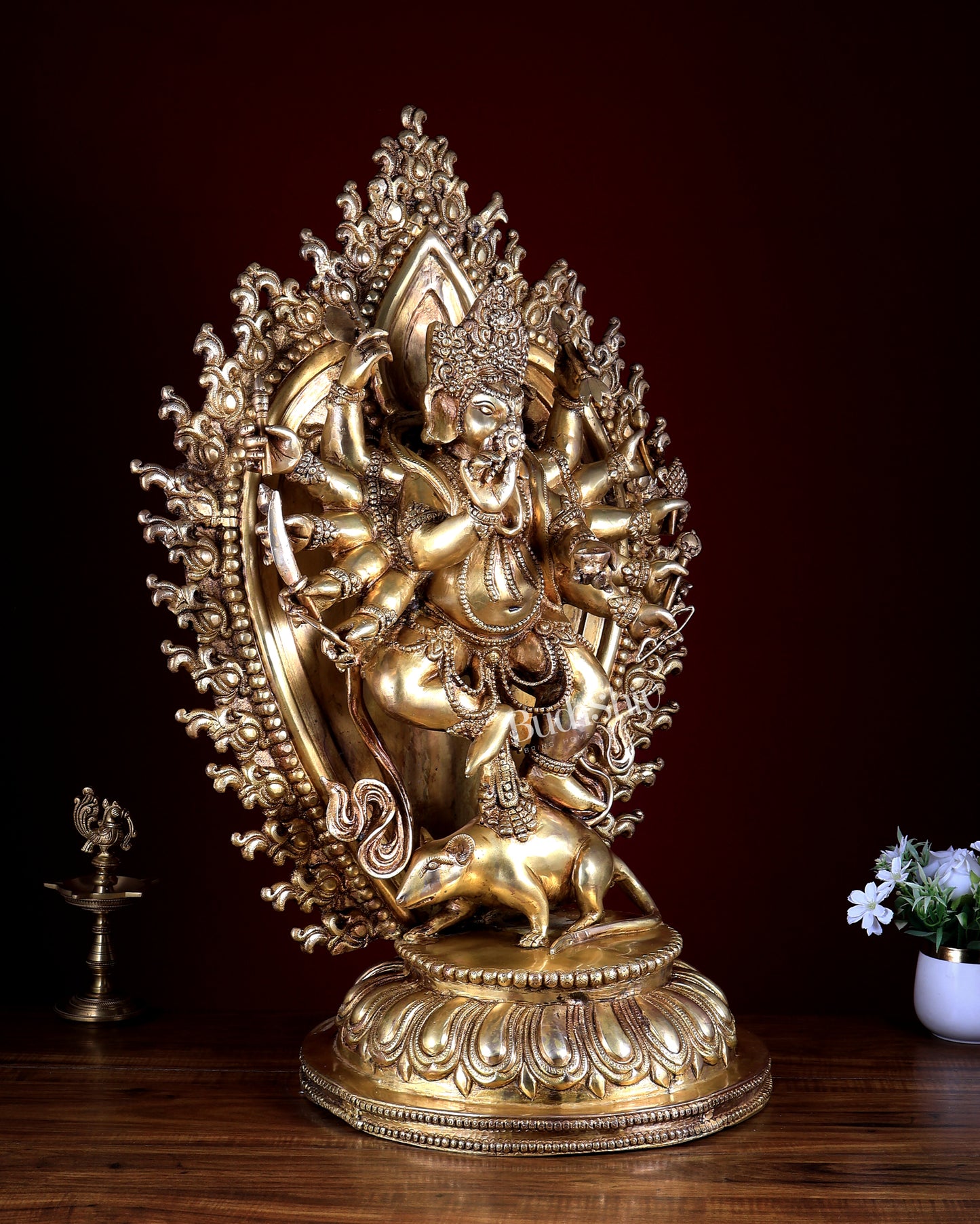 Large Brass Dancing Ganesha Statue with 12 Arms & Mouse