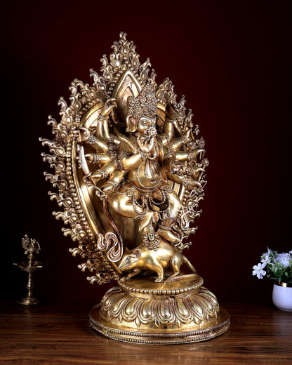 Large Brass Dancing Ganesha Statue with 12 Arms & Mouse