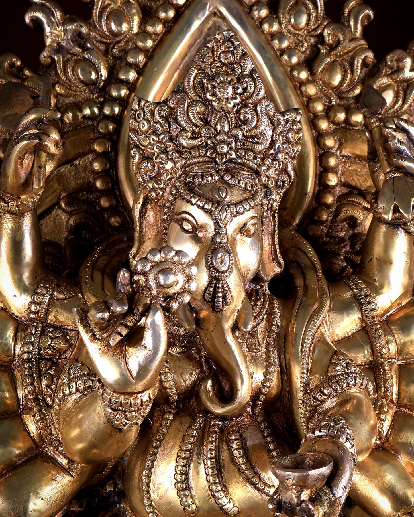 Large Brass Dancing Ganesha Statue with 12 Arms & Mouse