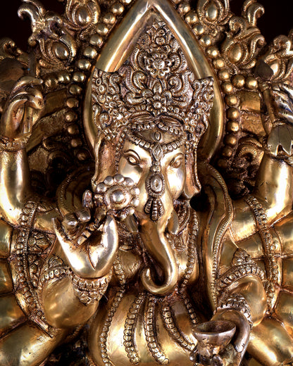 Large Brass Dancing Ganesha Statue with 12 Arms & Mouse