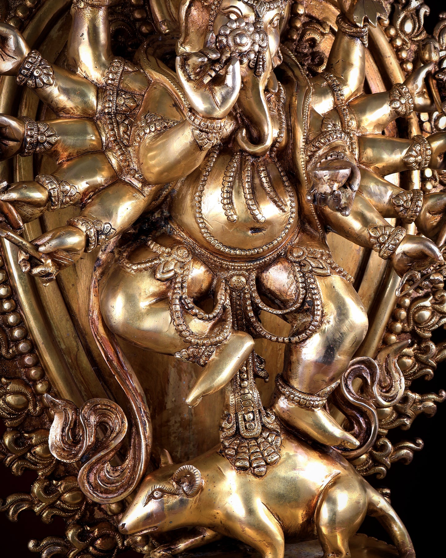 Large Brass Dancing Ganesha Statue with 12 Arms & Mouse