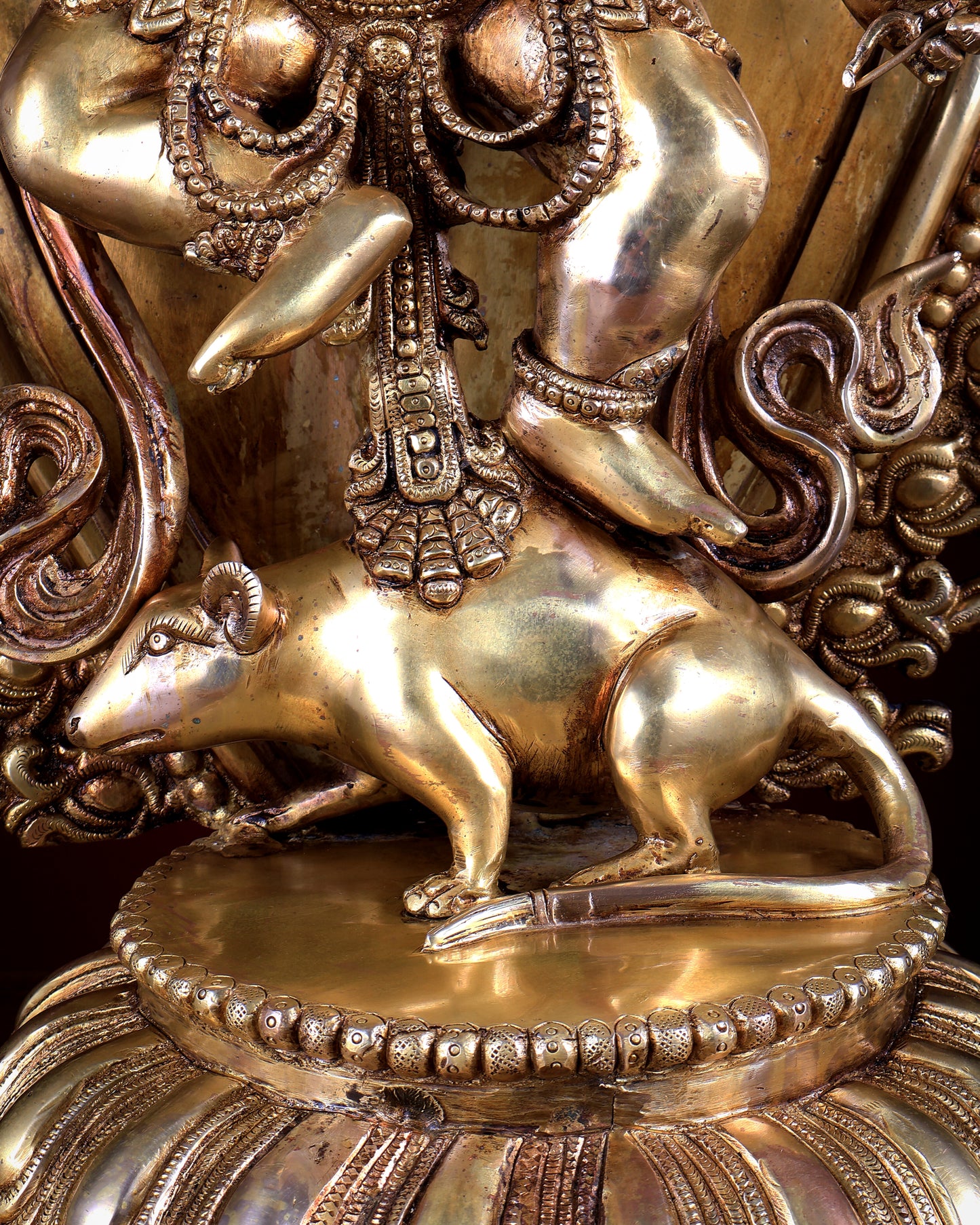 Large Brass Dancing Ganesha Statue with 12 Arms & Mouse