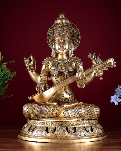 Pure Brass Superfine Saraswati Statue – Large Size 17.5"