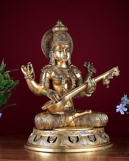 Pure Brass Superfine Saraswati Statue – Large Size 17.5"