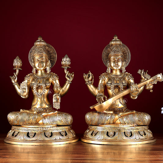 Large Brass Superfine Lakshmi & Saraswati Idols 17.5 inch