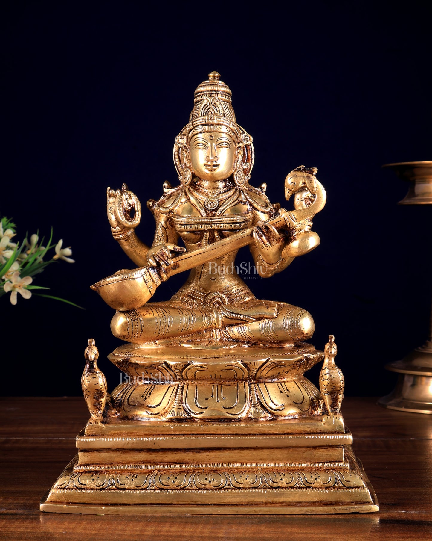 Brass Saraswati Idol in Cross-Legged Posture with Swans 9 inch