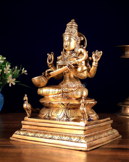Brass Saraswati Idol in Cross-Legged Posture with Swans 9 inch