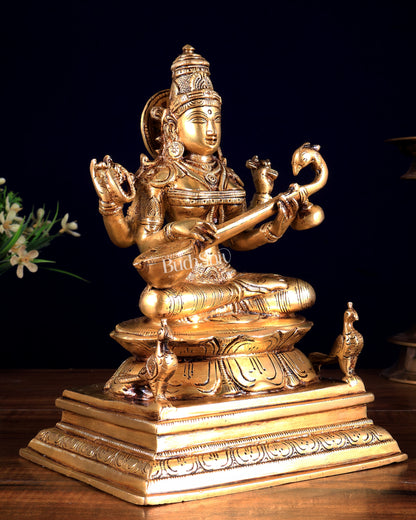 Brass Saraswati Idol in Cross-Legged Posture with Swans 9 inch