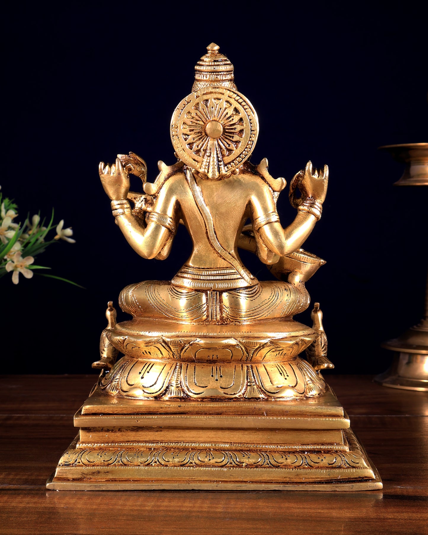 Brass Saraswati Idol in Cross-Legged Posture with Swans 9 inch