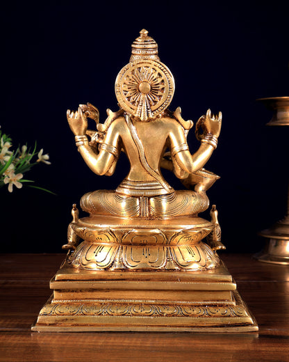 Brass Saraswati Idol in Cross-Legged Posture with Swans 9 inch