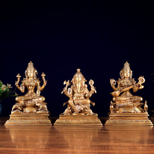 Brass Superfine Ganesha Lakshmi Saraswati Idol Set – Set of 3 Divine Deities 9"