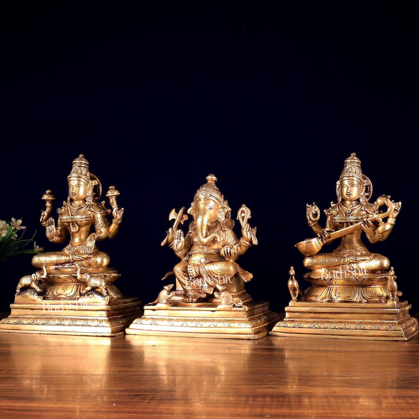 Brass Superfine Ganesha Lakshmi Saraswati Idol Set – Set of 3 Divine Deities 9"