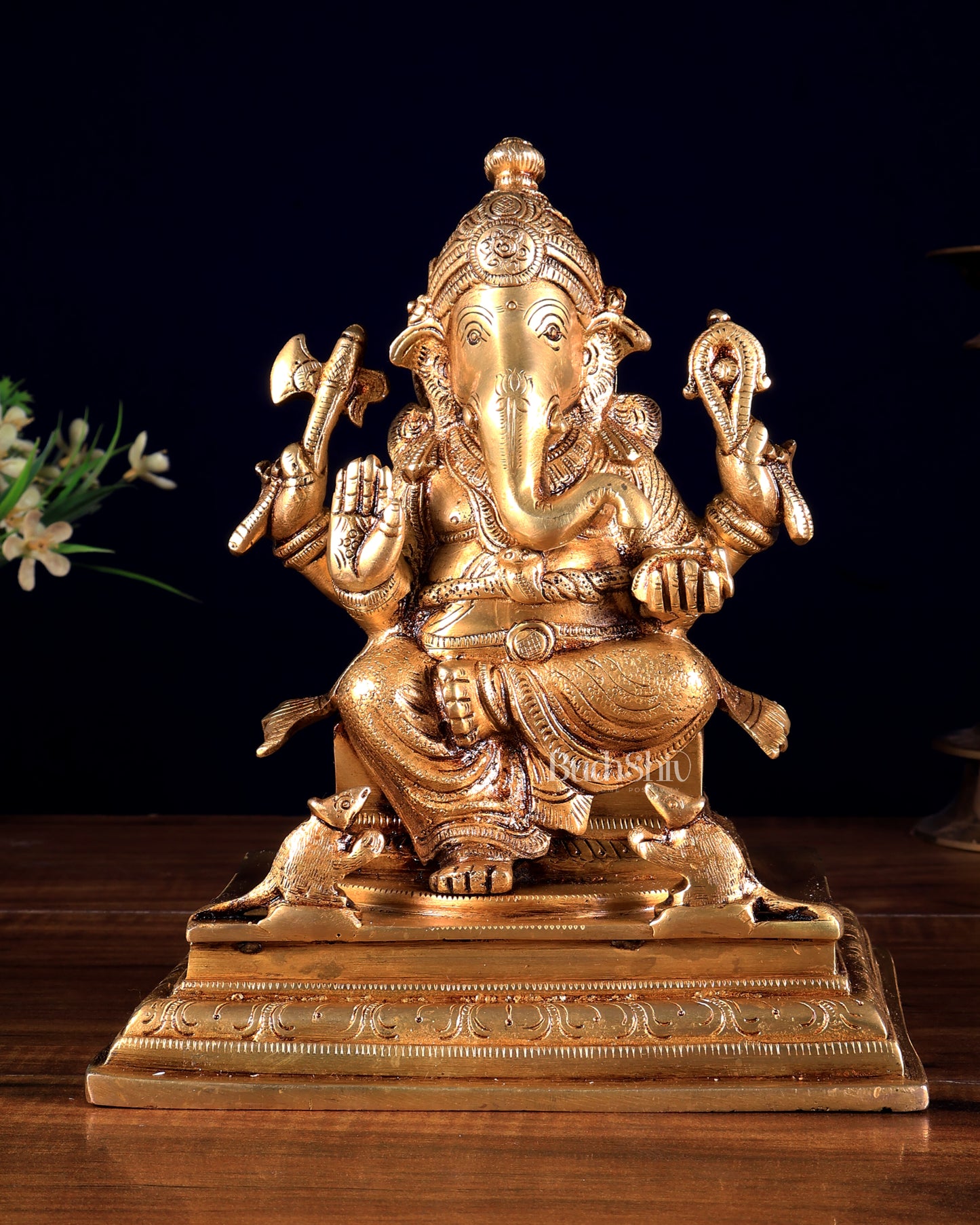 Brass Superfine Lord Ganesha with Mouse Idol 8 inch