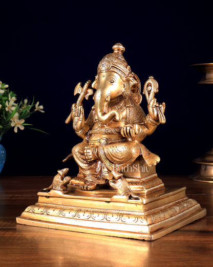 Brass Superfine Lord Ganesha with Mouse Idol 8 inch