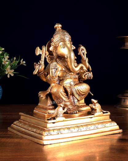 Brass Superfine Lord Ganesha with Mouse Idol 8 inch