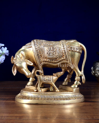 Brass Kamdhenu Cow with Calf Idol – Ganesha & Lakshmi Carvings 7.5 inch