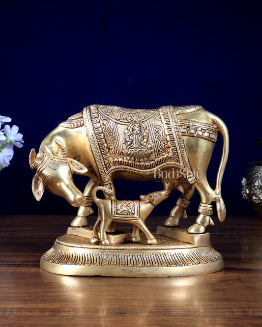 Brass Kamdhenu Cow with Calf Idol – Ganesha & Lakshmi Carvings 7.5 inch