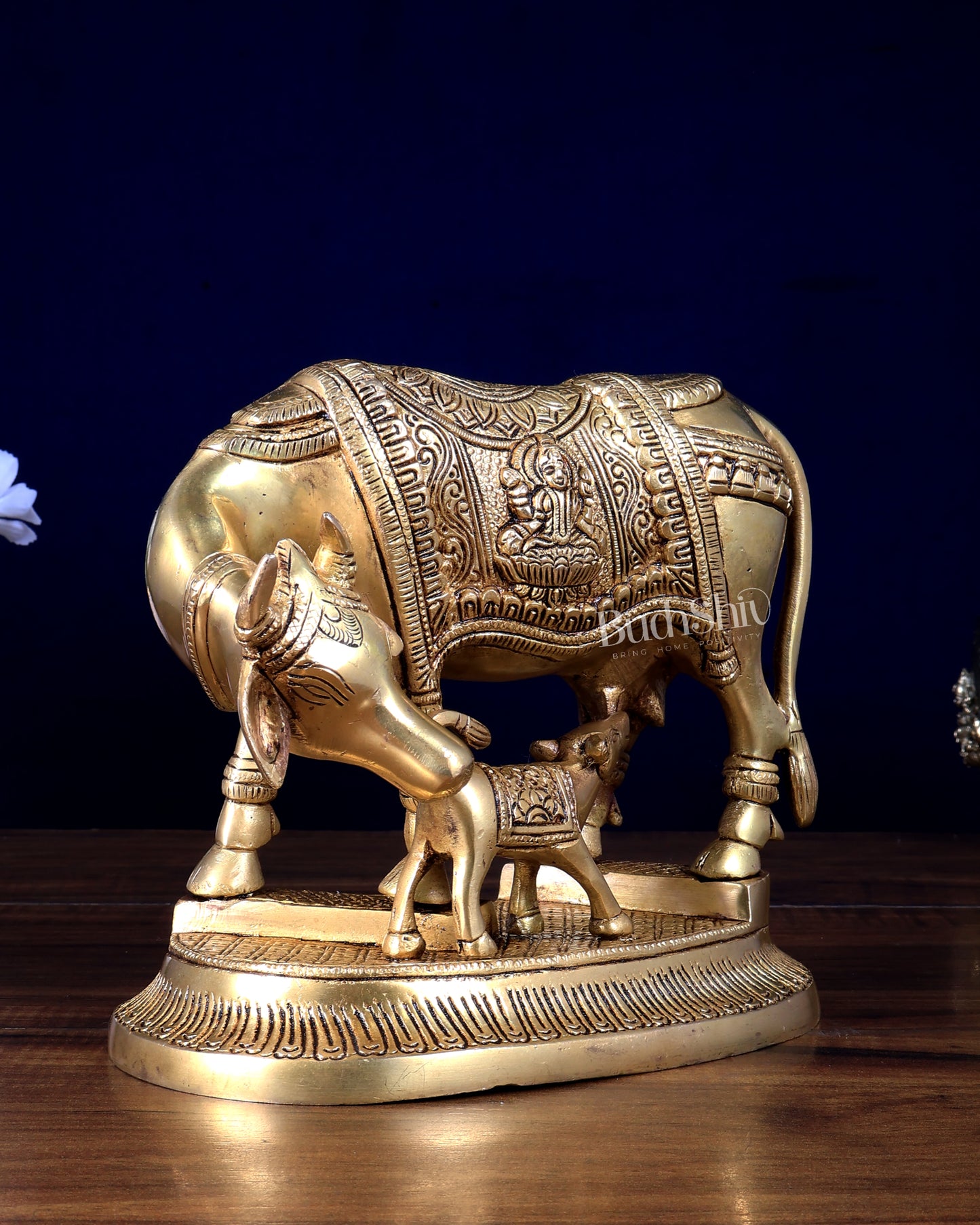 Brass Kamdhenu Cow with Calf Idol – Ganesha & Lakshmi Carvings 7.5 inch